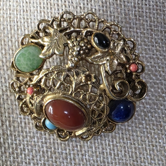 Jewelry - Vintage  Gold-Tone Filigree Brooch with Multicolor Polished Stones